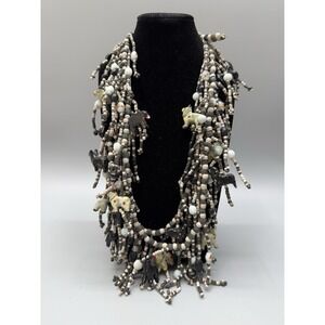 Black White Wood Animal Bull Bear Beaded Necklace 24" Avant Garde Lagenlook Fun